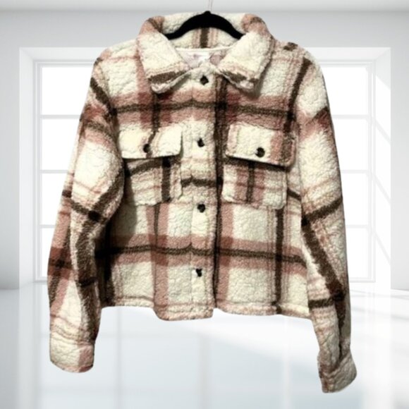 NWT Cozy Plaid Sherpa Shacket Jacket Cream Pink Brown Size Large Fall Winter - Picture 2 of 12
